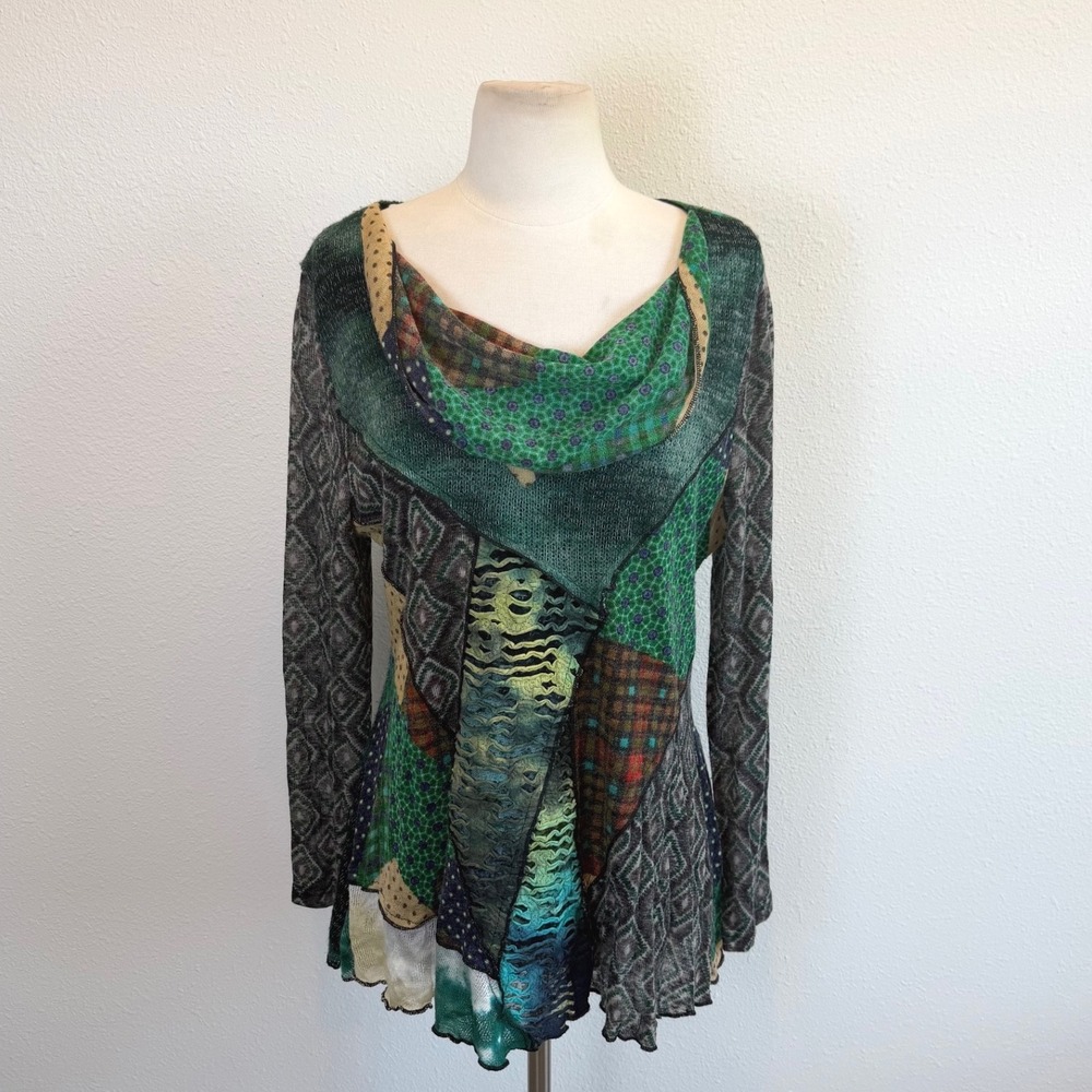 Feratelli Artsy Patchwork Long Sleeve Blouse Sz Large Art To Wear Boho Indie